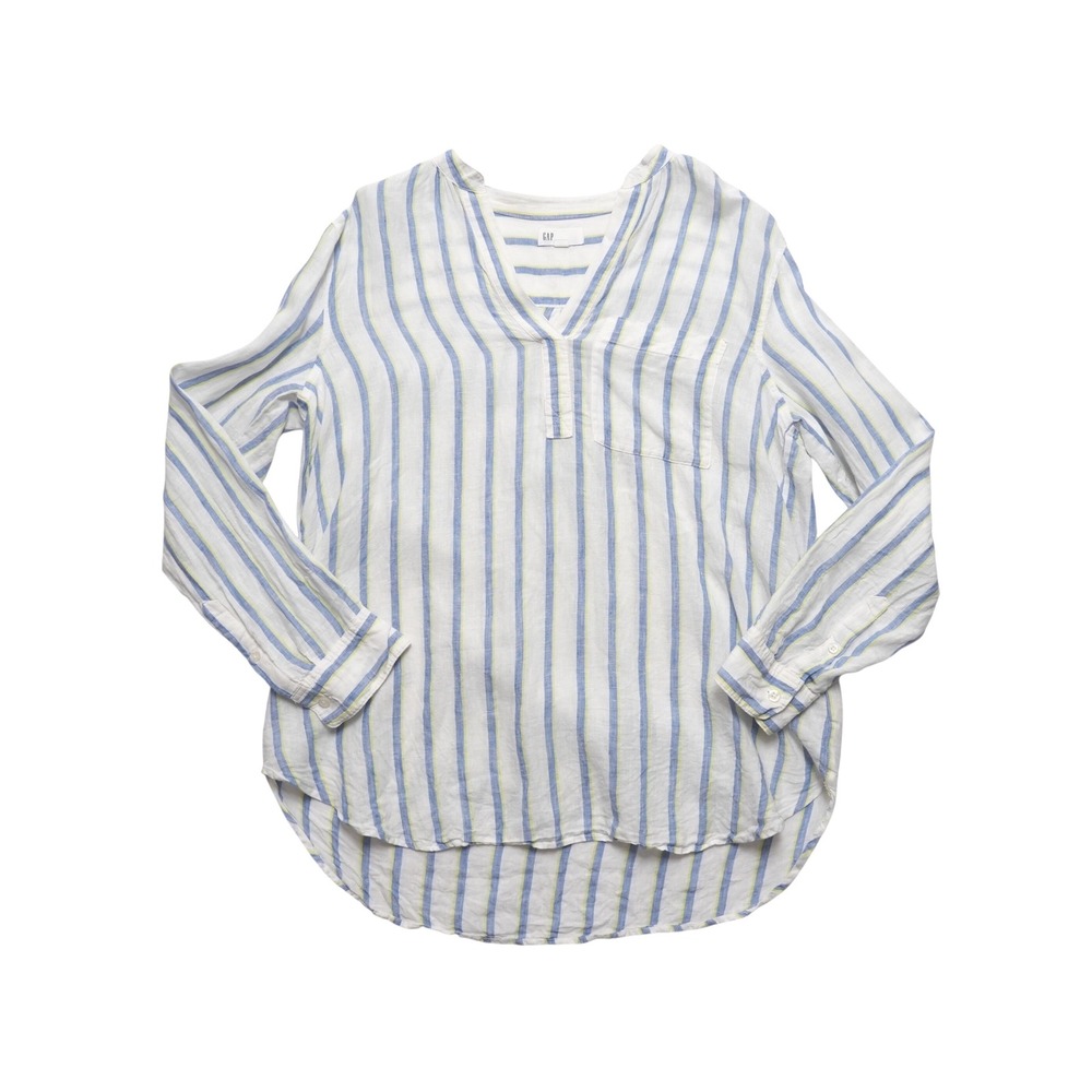 Gap Linen Striped Long Sleeve V-Neck Shirt Women Large Blue‎ Yellow White